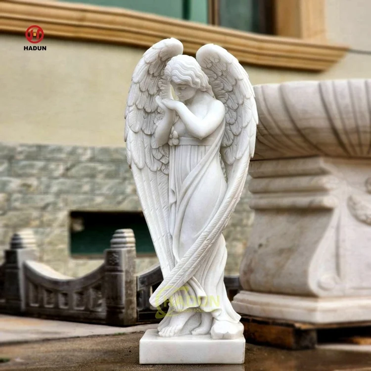 Large Outdoor Garden Hand Carved Natural Stone Wings Sculpture White Marble Angel Statue
