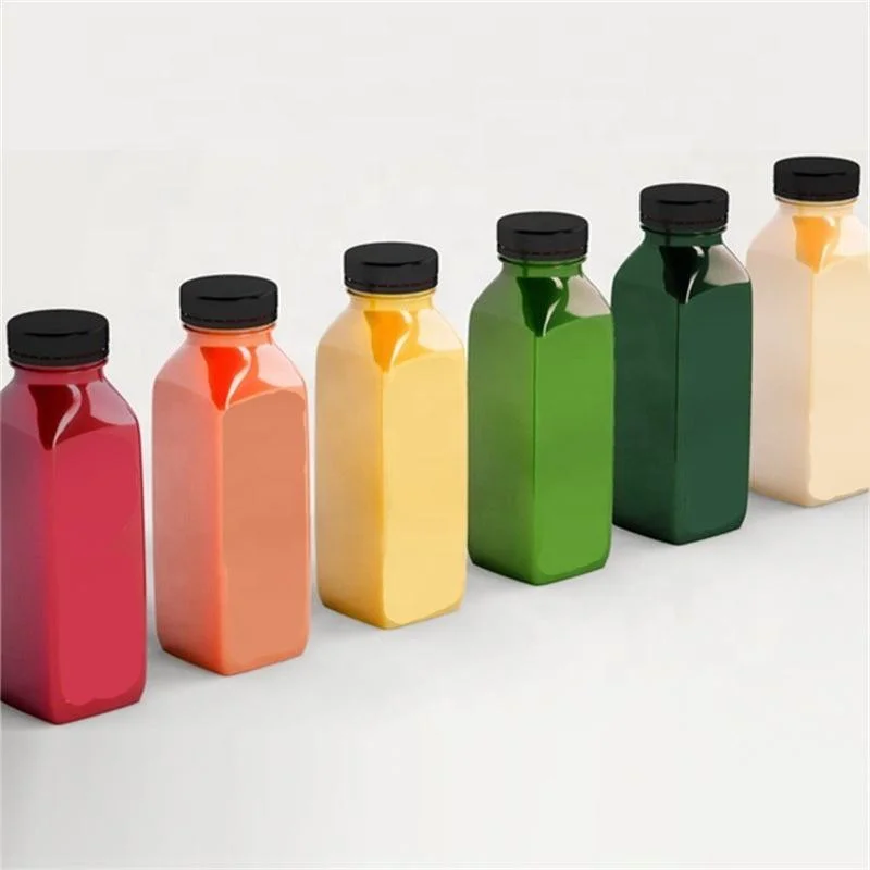 Wholesale 8oz 12oz 16oz Clear Food Grade PET Square Beverage Plastic Juice Water Bottle With Cap