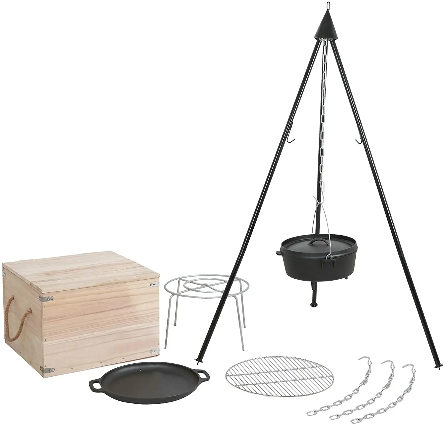 Dutch Oven Set with Tripod Stand  Dutch Oven 5.5 L Cast Iron Pan Stainless Steel Grill and Saucer