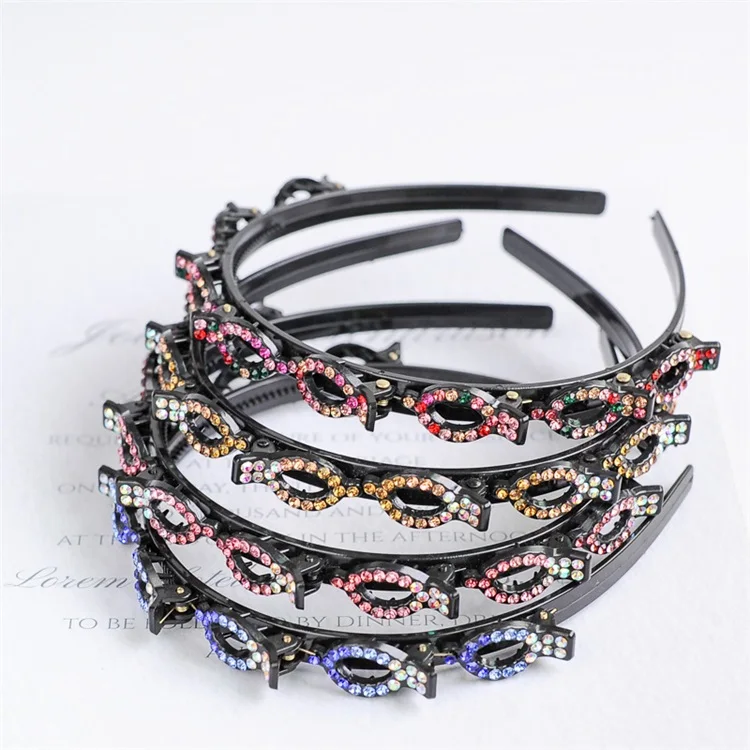 Пластиковые повязки на голову, плетеные, инкрустированные бриллиантами, обруч для волос, маленький зажим, Женские Ювелирные аксессуары, ажурные универсальные повязки для волос