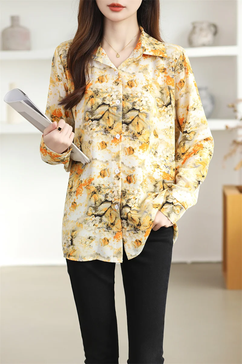 New Yellow Floral Printed Chiffon Ladies Shirts Long Sleeve Top Loose Blouse Femme