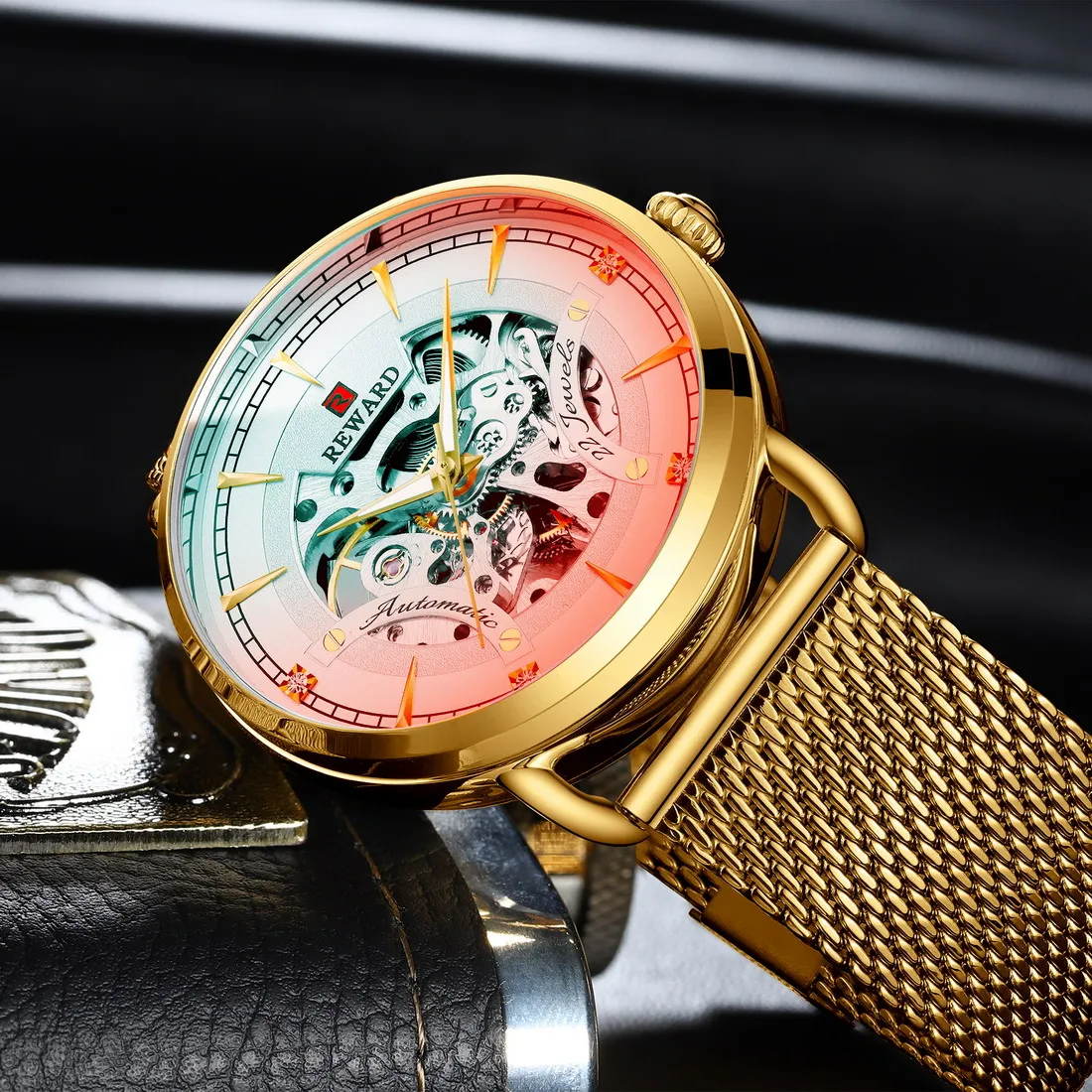 Уникальные Автоматические Мужские часы-скелетоны со стразами, меняющими цвет