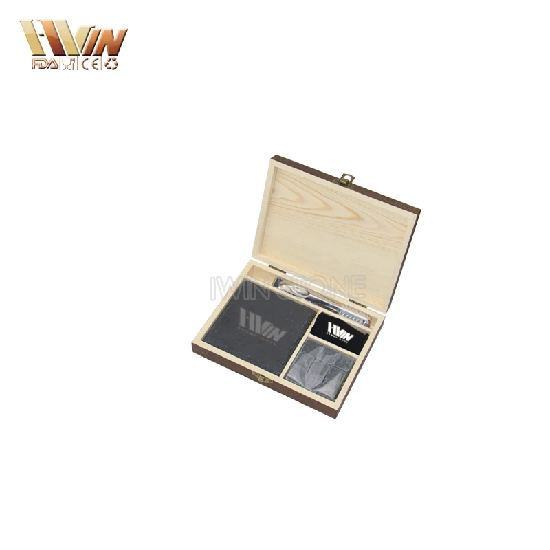 reusable ice shaped wine dice and square stone coasters in delicate pine wood box