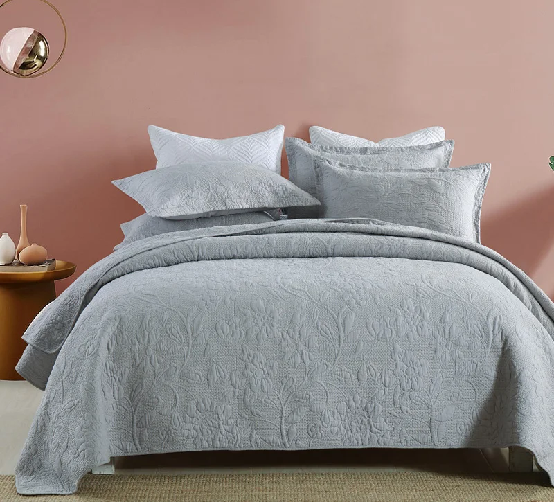 Серое легкое двухстороннее хлопковое покрывало размера «King Queen Size» с вышивкой, 3 штуки, турецкое покрывало