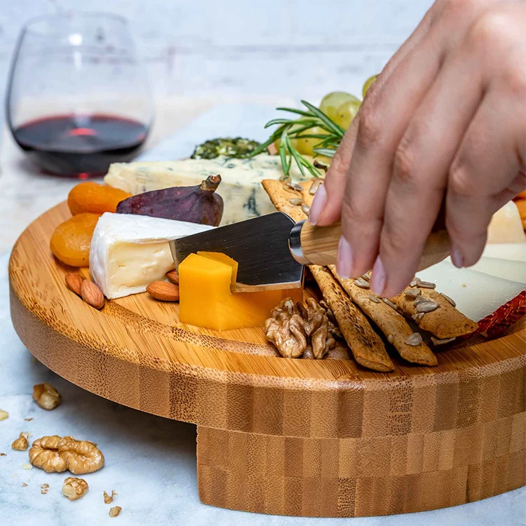 High Quality Round Thickened 9 inches Slide Out Drawer Personalized Small Cheese Board with 4 Knives Included
