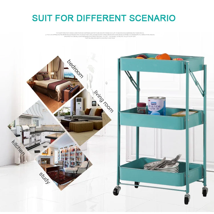 
Folding utility rolling cart storage organizer 3 tiers multifunction trolley cart 