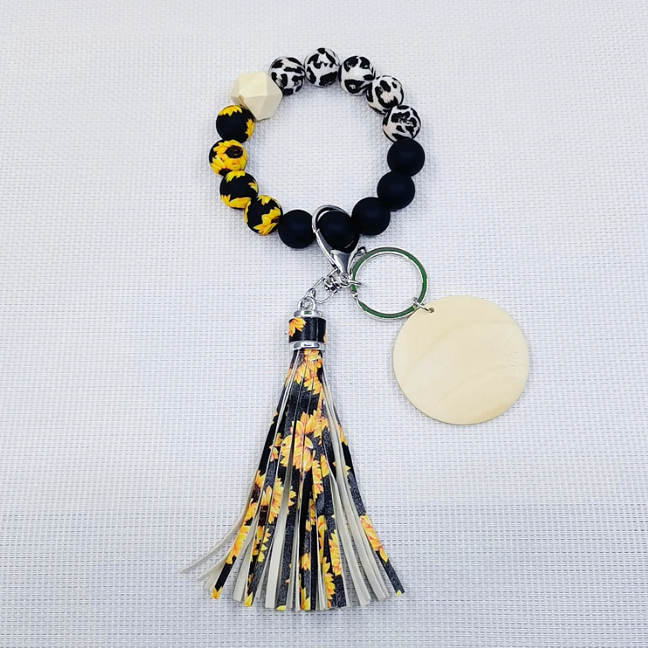 Custom Detachable Fringe Keychain Bracelet Wholesale Gold Sunflower Leopard Print Silicone Beads Keychain