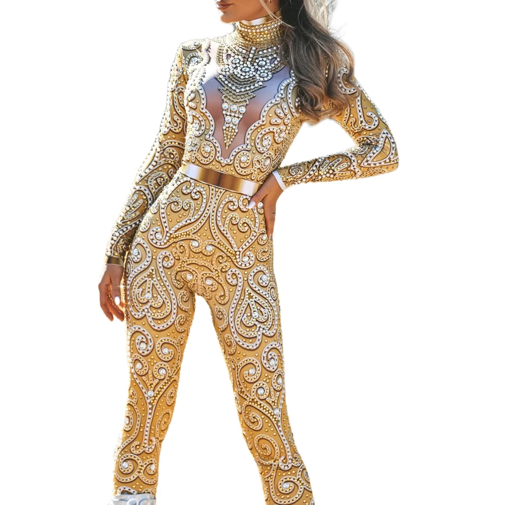 Gold Diamond Pearls Bodysuits Party Club Rompers Rave Festival Outfit Performance Dancer Costume Women Sexy Rhinestone Jumpsuits