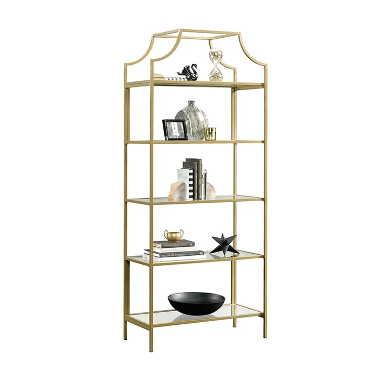 Modern 5 Shelf Vertical Tempered Glass Stainless Steel Gold Etagere Metal Bookcase
