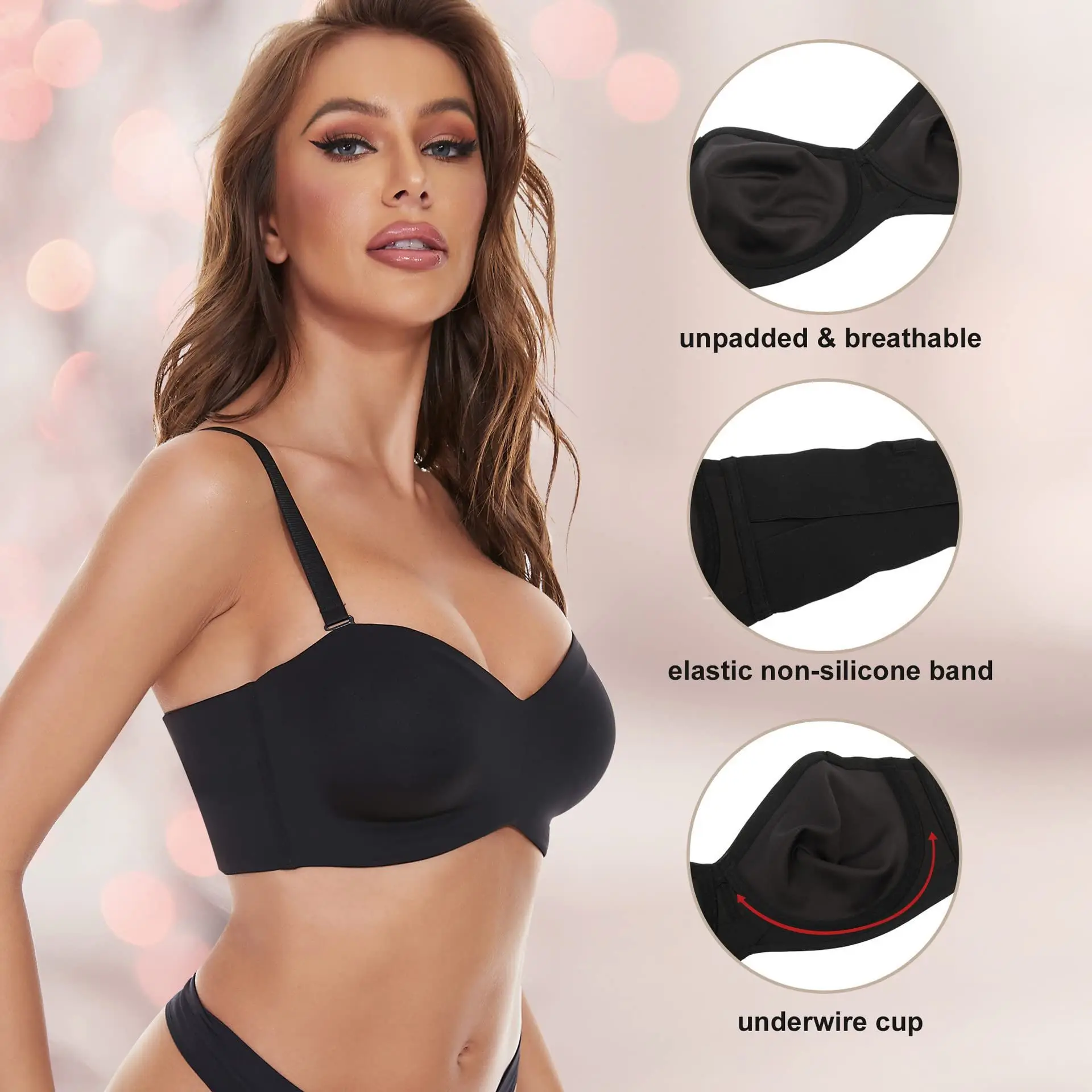 1512 High Quality Big Size Brief For B, C, D, E, F, G Cup Fashion American Model Woman Under wired Strapless Push Up Bra