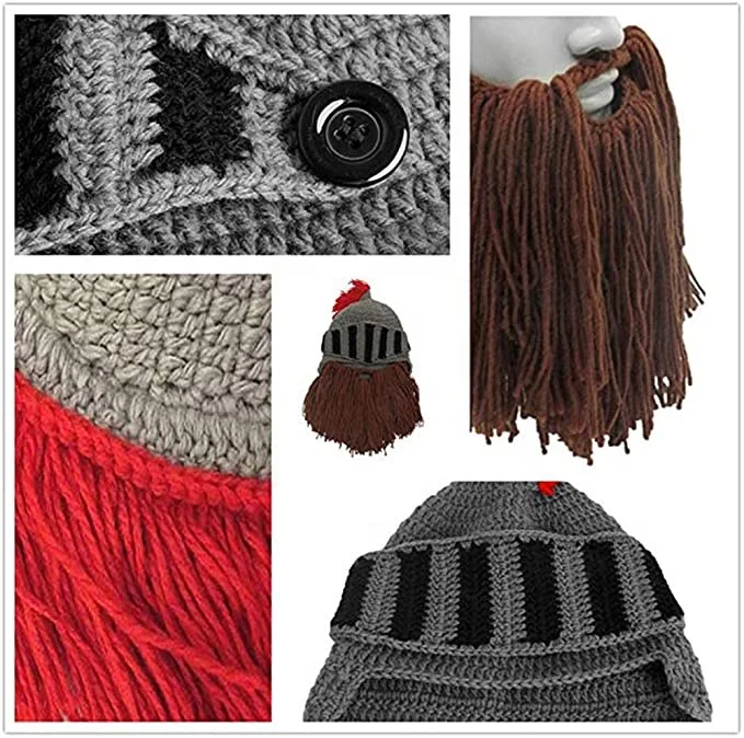 Beard Hat Beanie Knit Original Barbarian Warrior Halloween with Viking Horns Bearded Caps Windproof for Men & Women Tentacle Cro