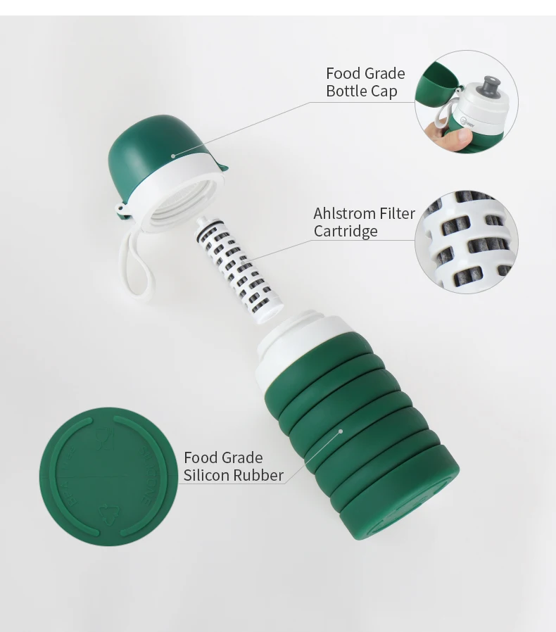 Collapsible Water Bottle 17oz Flip-Top Lid | Ultra-Packable Travel-Friendly Food-Grade Silicone