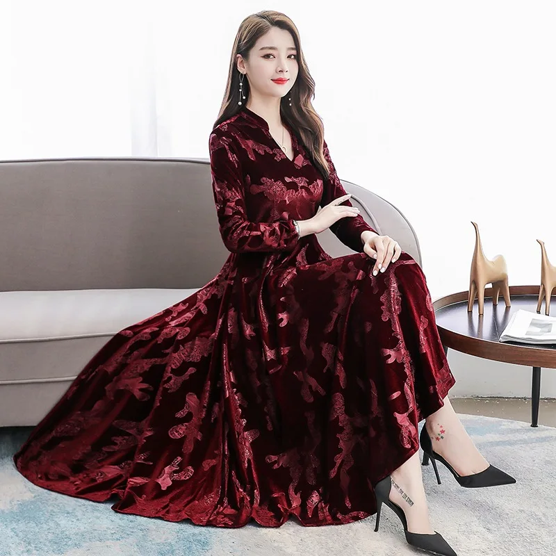 Women vintage v-neck long sleeve winter midi casual velvet dress lady