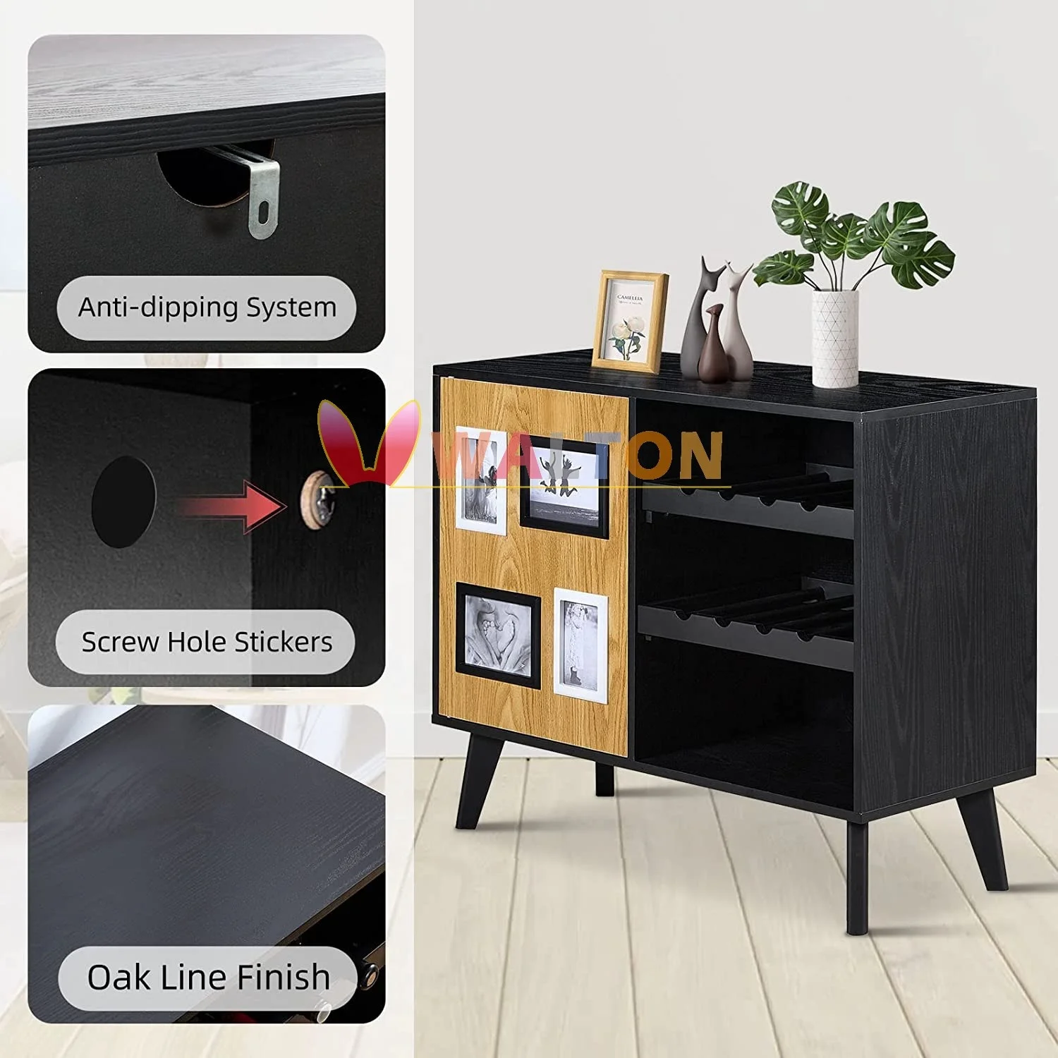 Buffet Cabinet Floor Standing Bar Cabinet Oak Lines Finish Sideboard Kitchen Cabinet Organizer Wine Rack