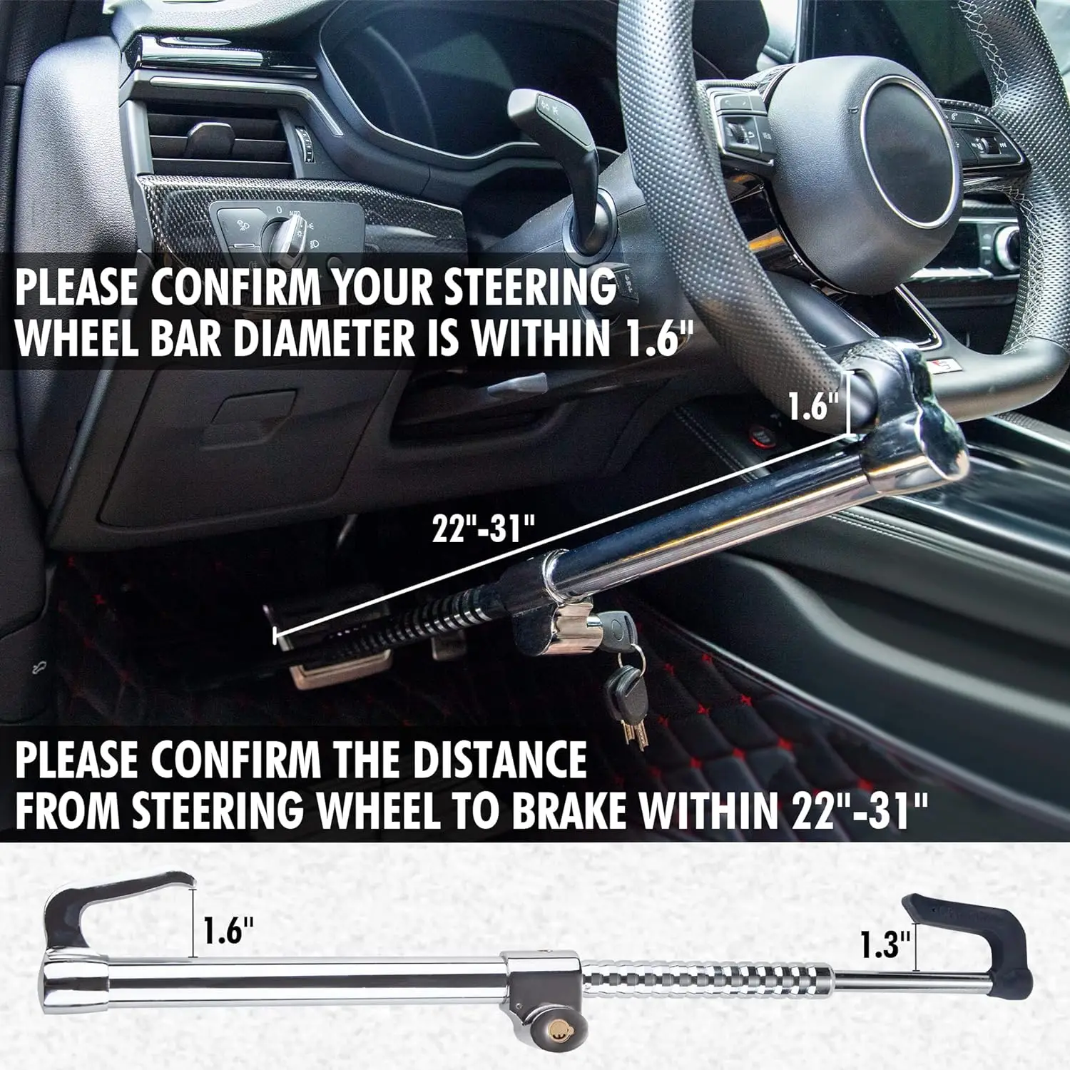 Anti-Theft Device Universal Brake Lock Bar Telescopic Double Hook Pedal Lock Steering Wheel Lock Bar