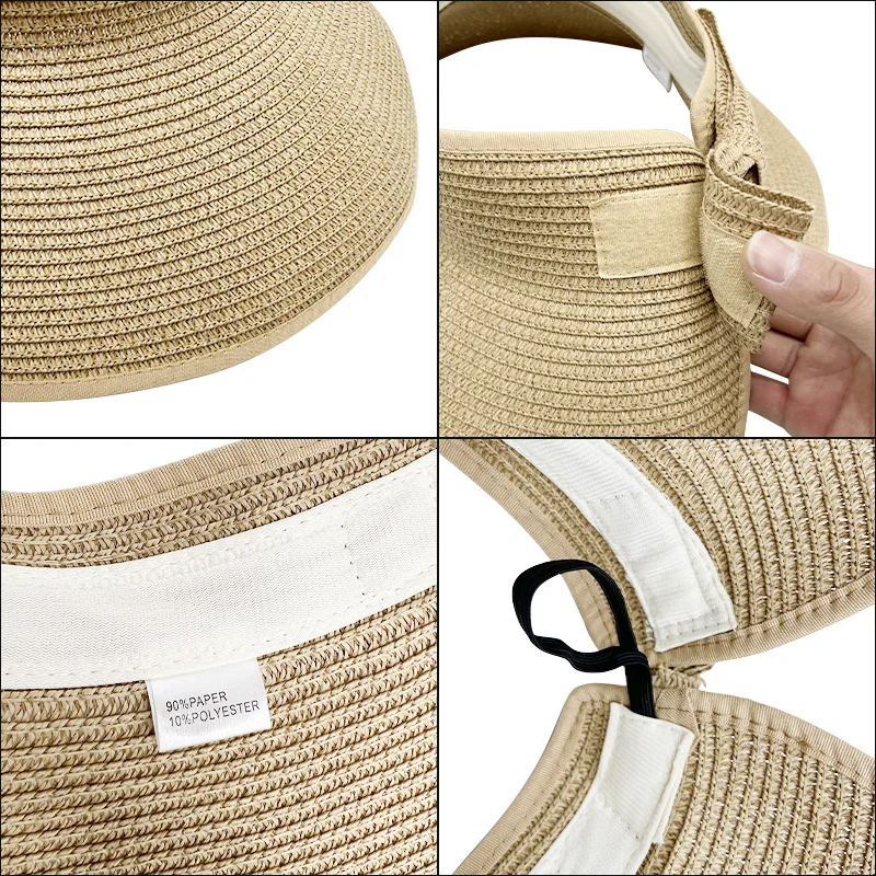 Outdoor ladies summer visors beach hats luxury summer wide brim women printed straw panama hat
