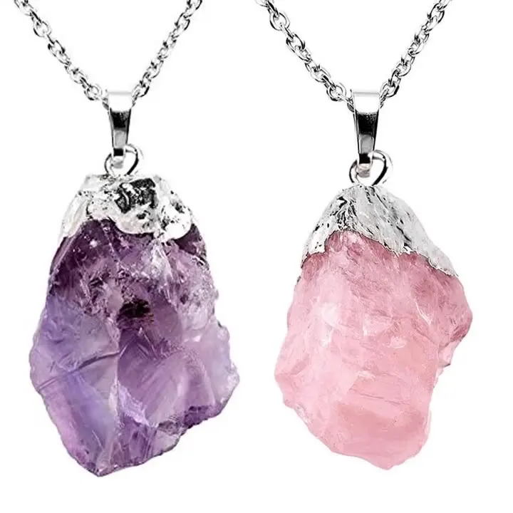 Natural Irregular Amethyst Wrapped Pendant Irregular Rose Quartz Raw Ore Naked Jade  Stone Pendant Necklace
