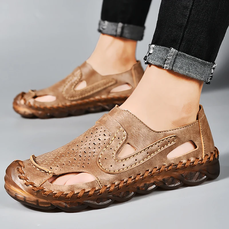 
Hand woven leather thick soles men slippers 