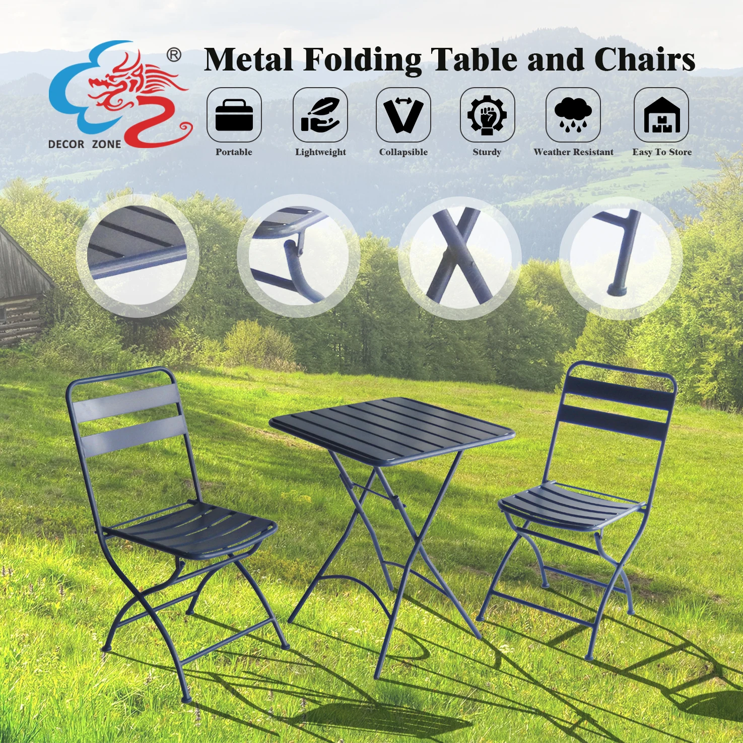 Portable Rustproof Metal Bistro Set 3-Piece Sectional Folding Table and Chairs for Indoor and Outdoor Garden Patio Use