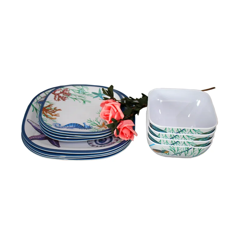 Square shape melamine dinner set of 12 piece square plates and bowls