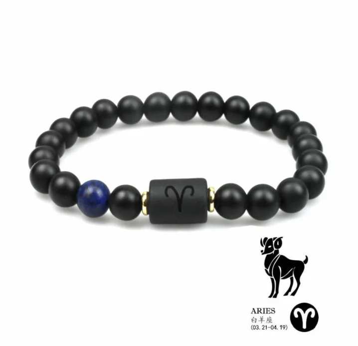 12 Zodiac Virgo Aries Leo Capricorn Sign Black Matte Onyx Stone Bead Bracelet Bracelets for Men and Women