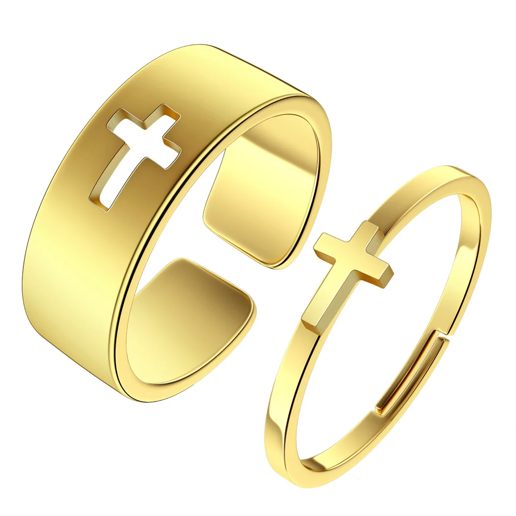 Punk Hiphop Trendy Stainless Steel High Polished 18K Gold Plated Couple Hollow 2pcs/set Heart Cross Ring For Men And Women