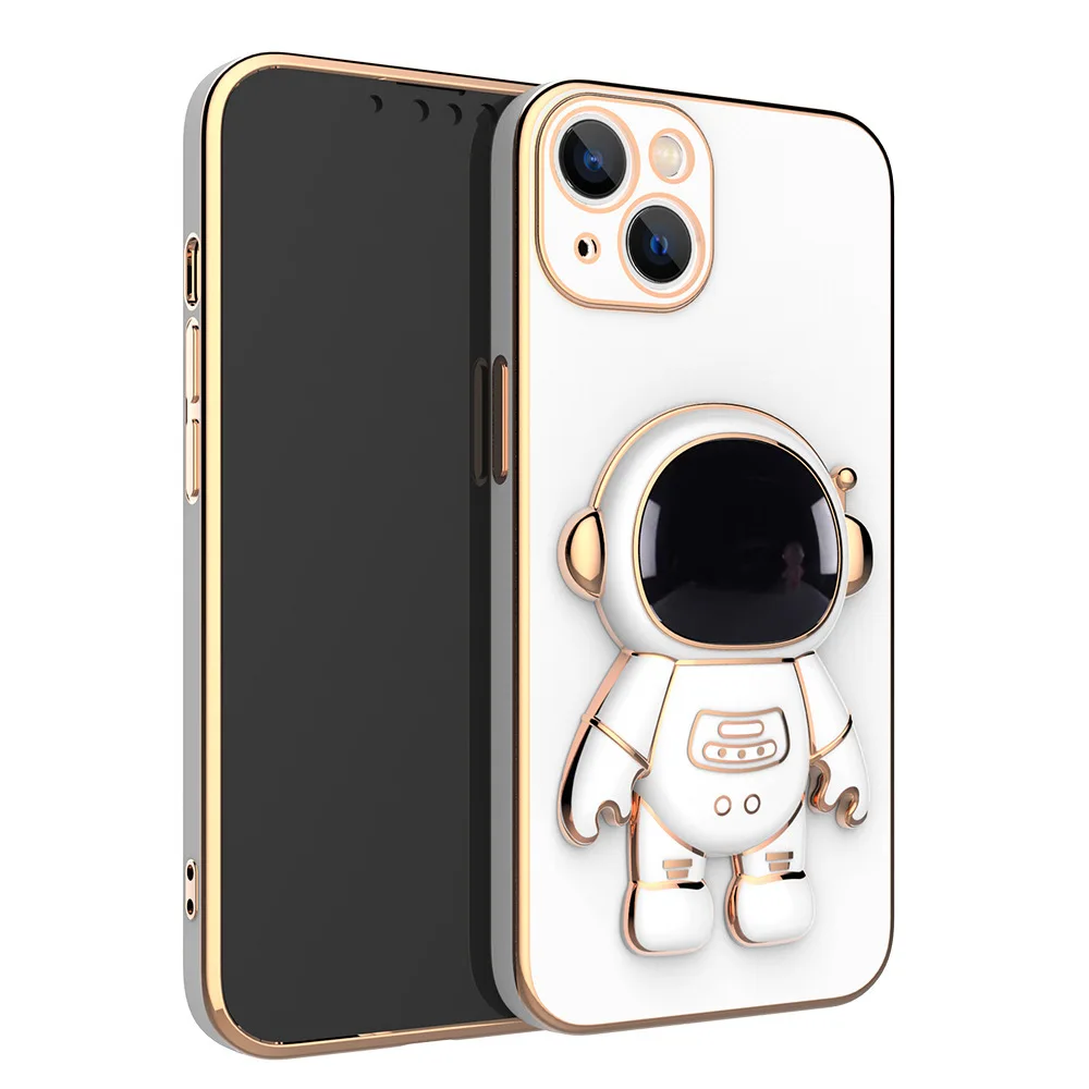 3D Cute Astronauts Luxury Gold Side Plating Silicone Phone Stand Holder Phone Case Cover for iPhone 11 12 13 14 Pro Max