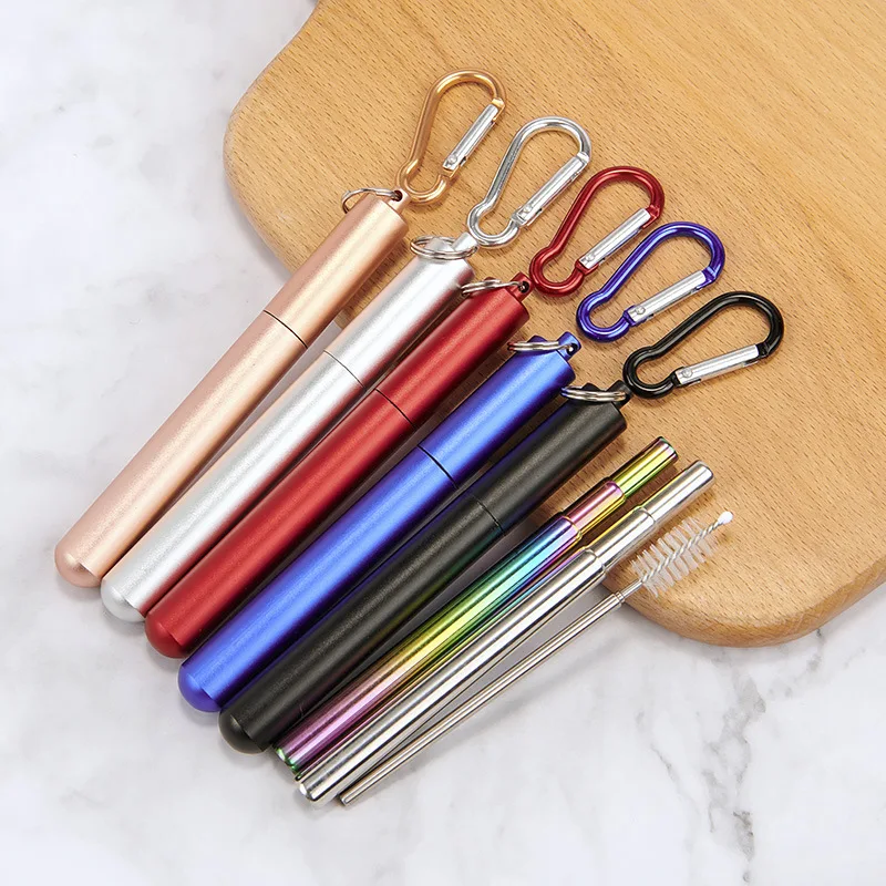 Custom logo Stainless Steel Telescopic Drinking Straw Portable straw For Reusable Collapsible Metal Drinking Straw With Brush