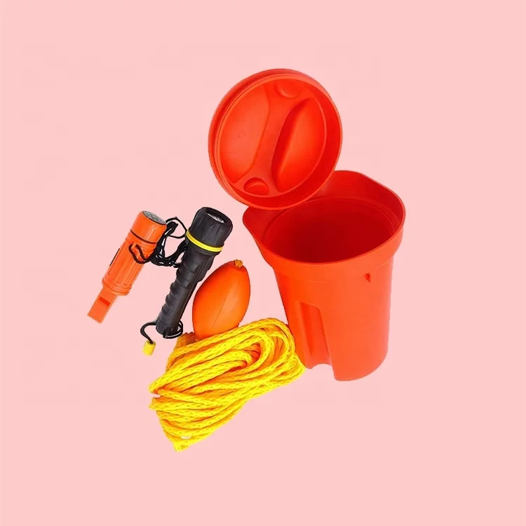 Marine boat accessories ship bailer kit for water-sports bucket scoop, 50 ft rope and float, LED torch and whistle orange color