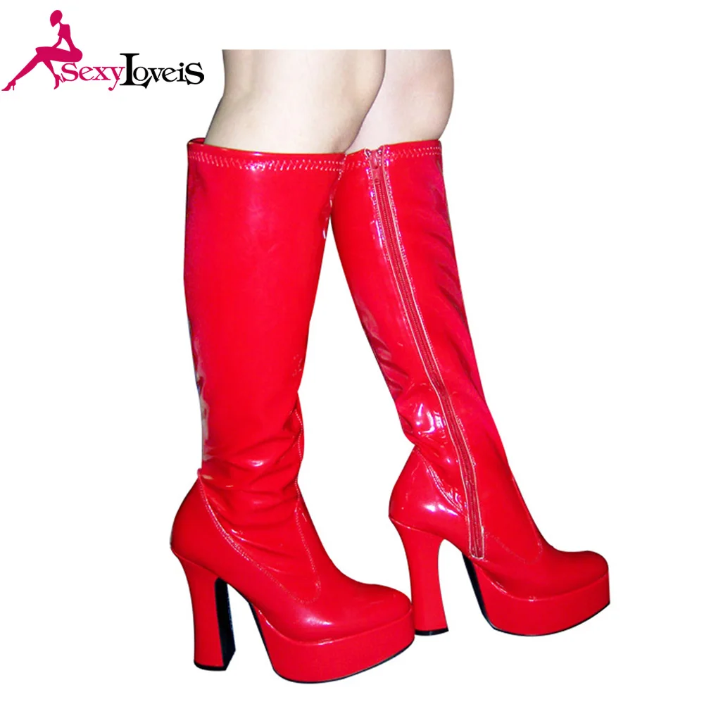 Classical design big size  women knee heel boots chunky High heel Gogo boots women cheerleaders dancing boots for women