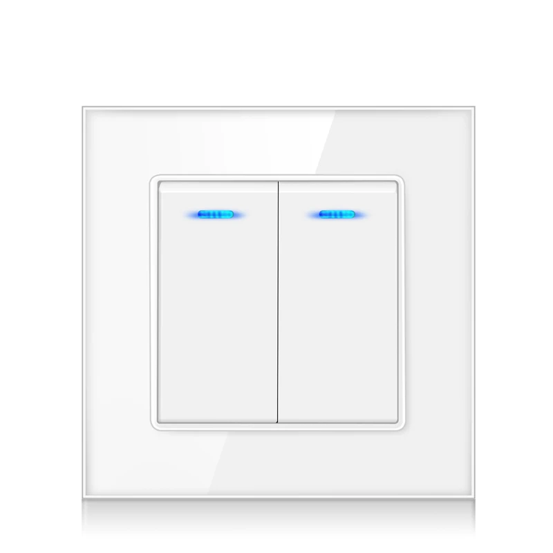 Crystal glass panel 2 Gang 2 way pass through LED indicator 16A On/Off light switch Stair wall switch