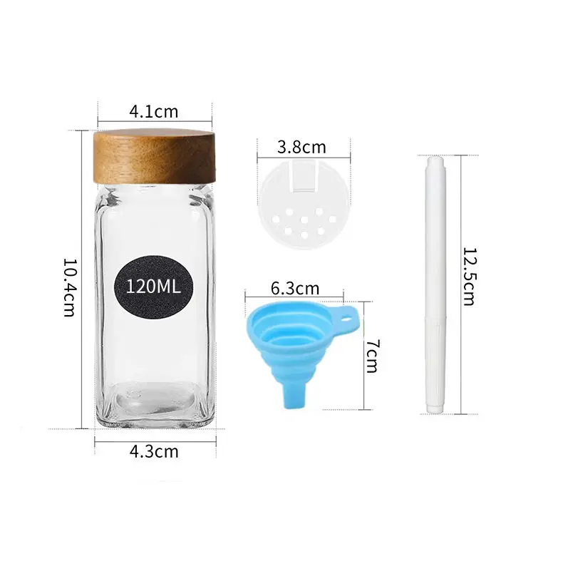 New Hot Sale 24pcs of 120ml Glass Spice Jars set with Acacia Lids and Labels Stickers, 4oz Empty Square Spice Bottles Spice Jar