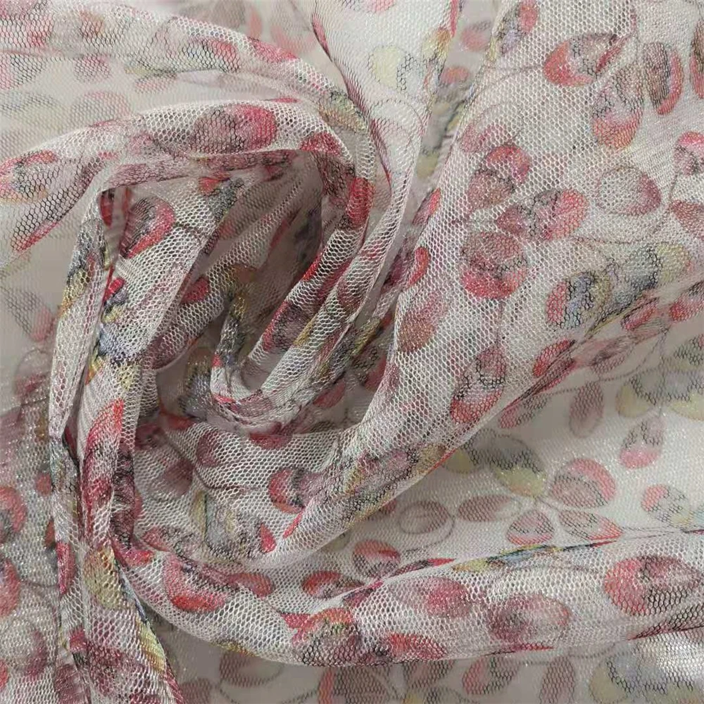  Micro-elastic hexagonal wire net silver screen small leaf digital printing skirt and other fabrics in
