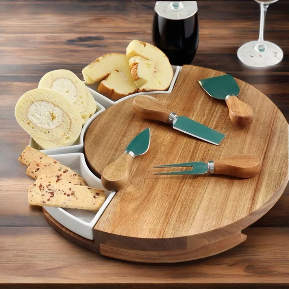 Cheese Board Set Hidden Drawers Food Serving Charcuterie Board Bamboo Cheese Board With Knife Set