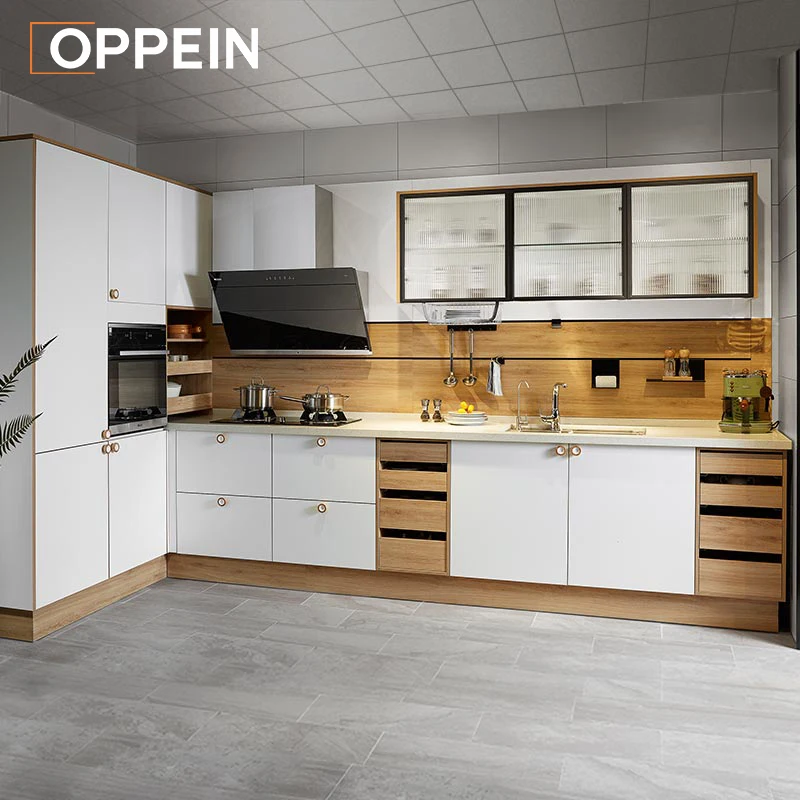 OPPEIN White Shake Modern Frameless Mini With Stove Cabinet Kjario Fittings Waterproof Kitchen Cabinets