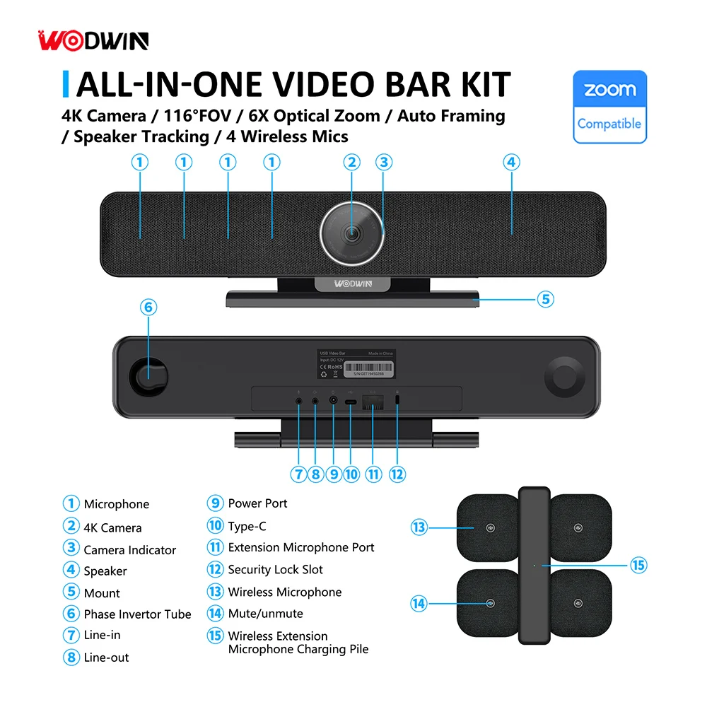 WODWIN 4K UHD All in one Video Soundbar AI Auto Framing Voice Tracking Video Conference Camera with Wireless Microphone