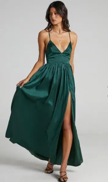 High Quality Sexy High Split Sleeveless Satin Long Party Dress Backless V Neck Strappy Padded Dress