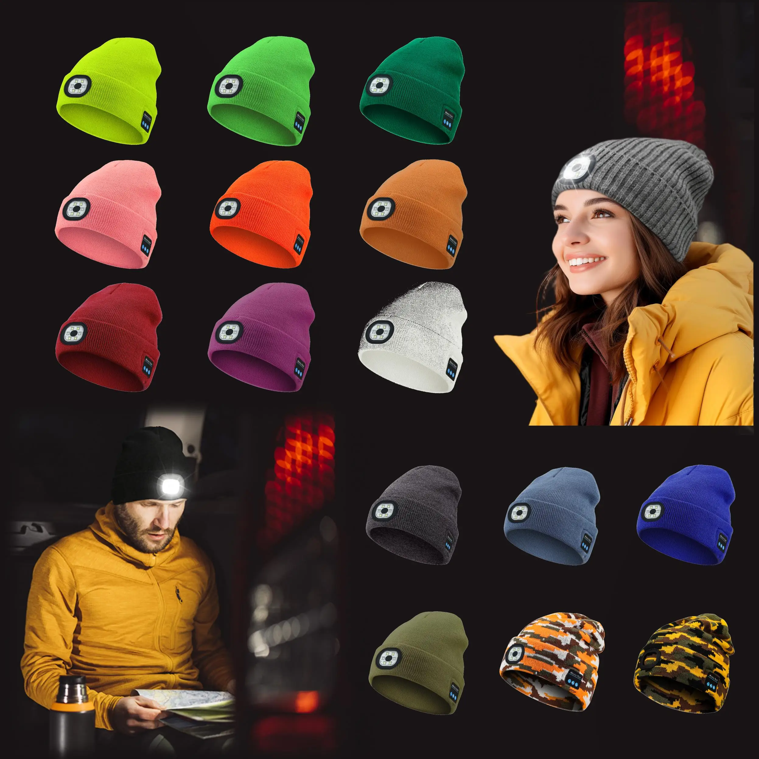 Unisex LED 125lm USB Recharge Multi-function Music Cap Removable Pull-over Speaker Headset Washable Knitted Hat Beanie Headtorch