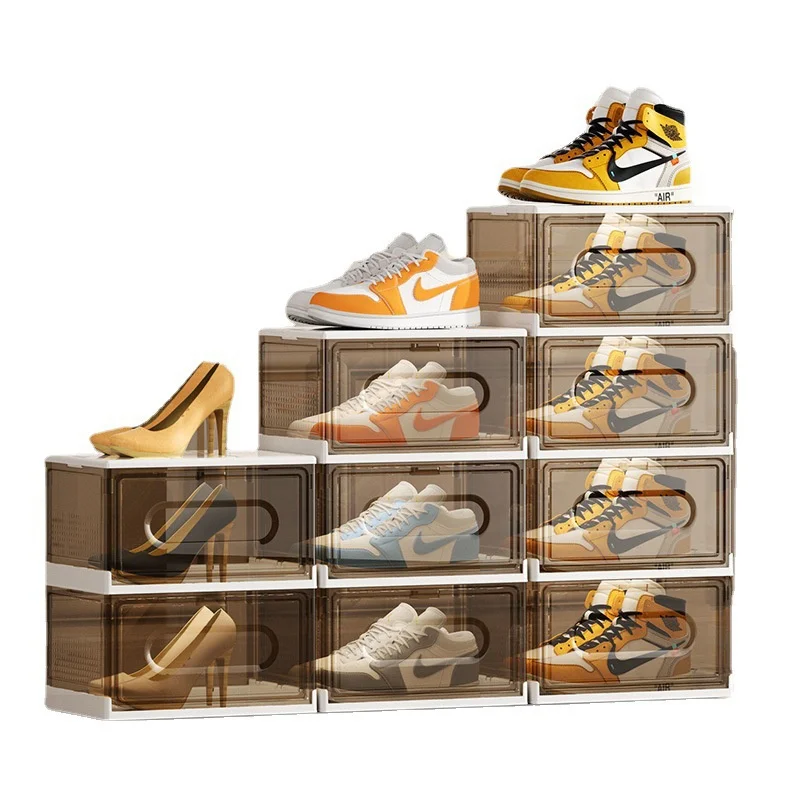 Space-Saving Transparent Plastic Folding Shoe Box Rack Side Opening Shoe Drawer Cabinet Stackable Clear Combination  shoe case