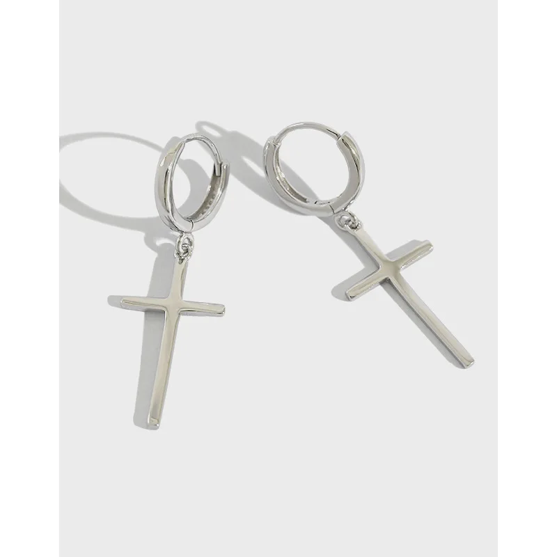 S925 Sterling Silver Fashion Minimalist Temperament Glossy Round Cross Long Earrings