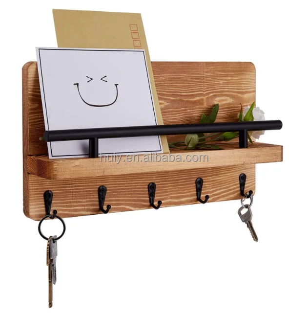 Wall mounted mail shelf sorter and organizer decorative wooden mail and key holder for entryway