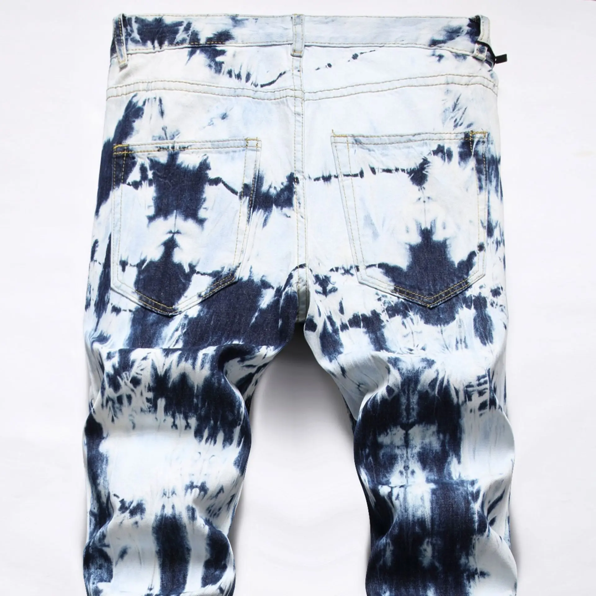 Blue Ripped Jeans for Man Hand Tie Bleached Color Ink Patch Camo Cloth Straight Leg Jeans