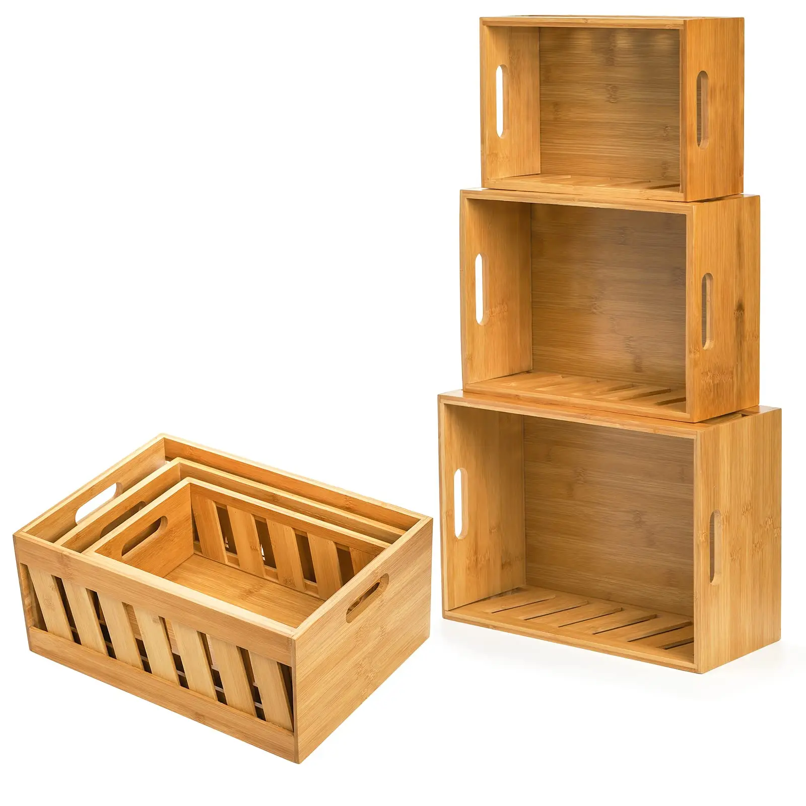 Set of 3 Bamboo Nesting Storage Crates, Rustic Decorative Wooden Crates Storage Container with Handle, Farmhouse Style Wood Box