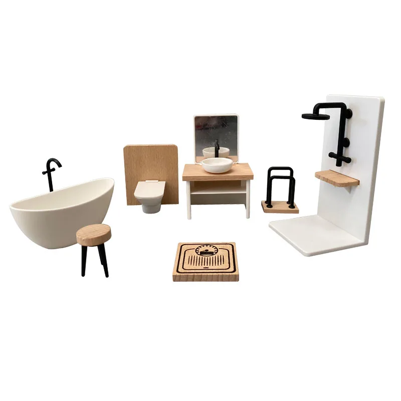 wooden Pretend Play dollhouse accessories bath room Wooden Dollhouse Miniature Furniture toy for Kids