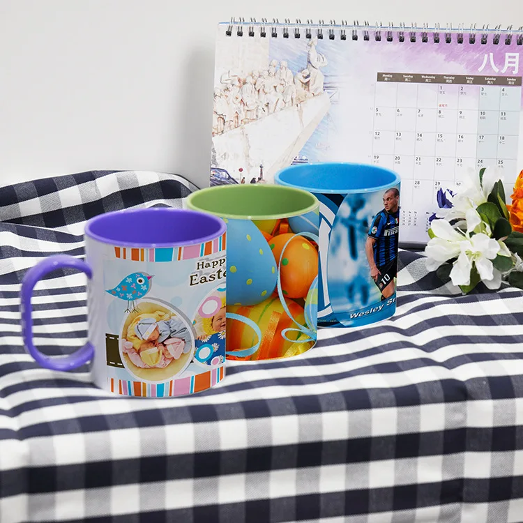 11oz Custom Printed Coffee Cup Blanks Sublimation  Plastic Inner Color Mug With Handle