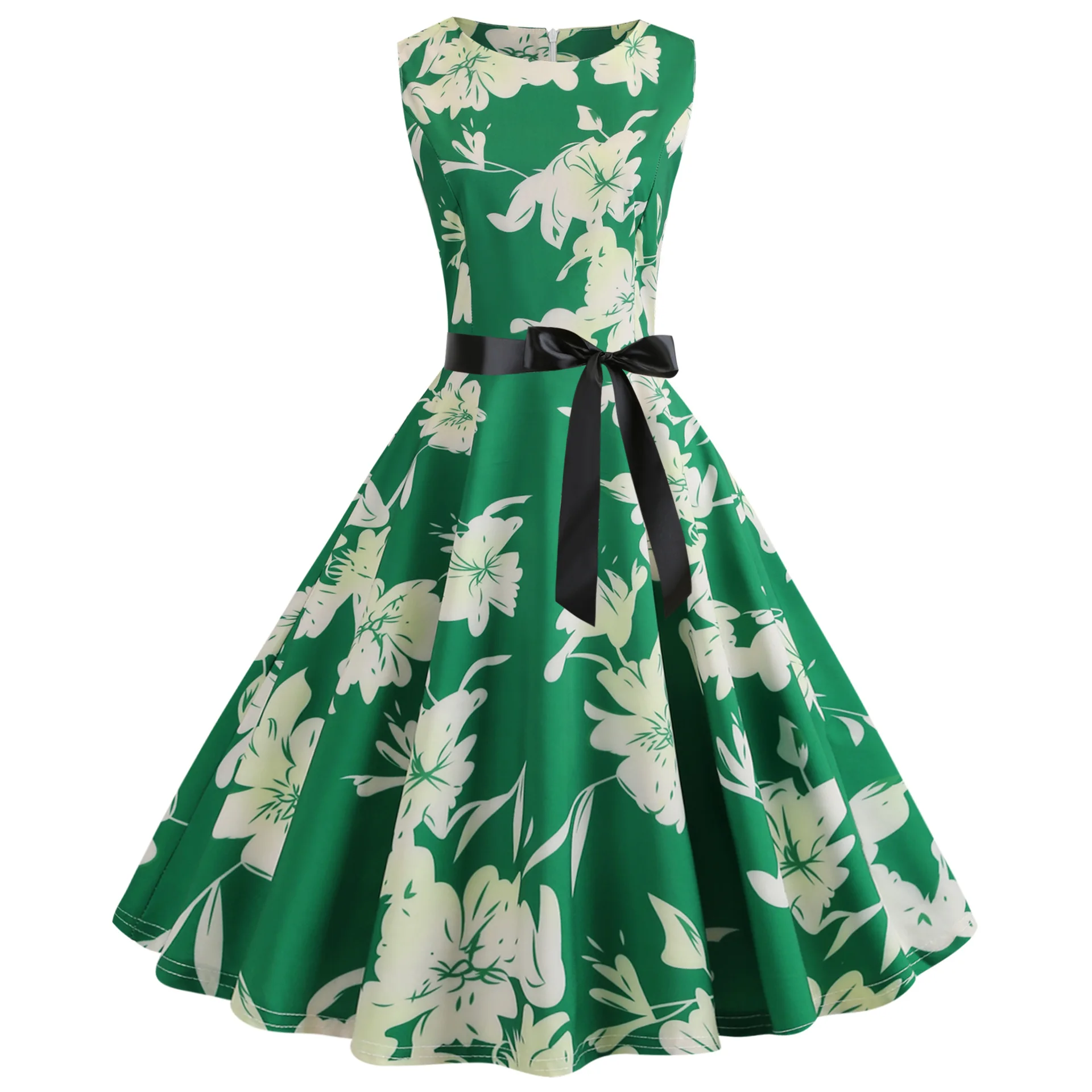 Free bow belt burst Hot Selling Blast Women Vintage Hepburn Wind Sleeveless Waistprint maxi casual women Dresses