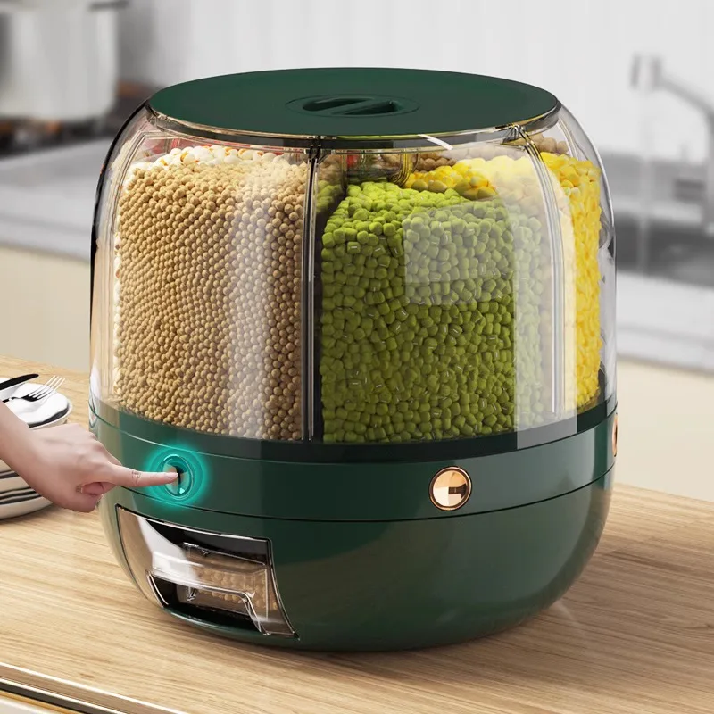 Dispenser Storage Box Rice Dispenser Kitchen Moisture Proof 6 Grid Rotating Food Grain Dispenser Cereal Rice Container