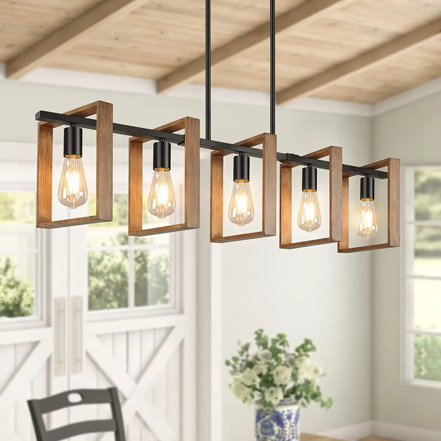 5 Light Industrial Farmhouse Kitchen Island Pendant Lighting Fixture Rectangle Black Iron Farmhouse Industrial Chandelier