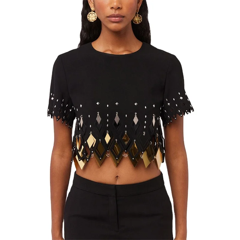 Innovative Designs Custom Rhinestone Sequin Fringe Ladies Top Hanging-details Cropped T-shirt With Metallic Hanging Pieces