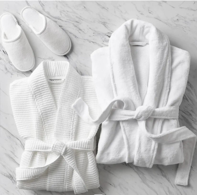 Customized 100% Cotton Double Layer Spa Robe Luxury Hotel White Unisex Waffle Terry Bathrobe Slipper Set